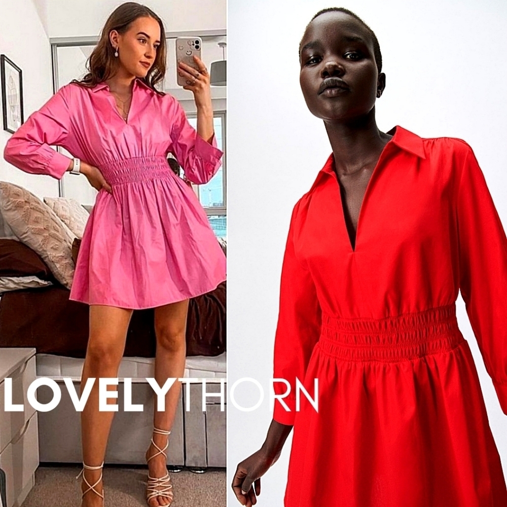 ZARA // retro-chic red poplin collar smock waist long sleeve plunge mini dress - Picture 13 of 16